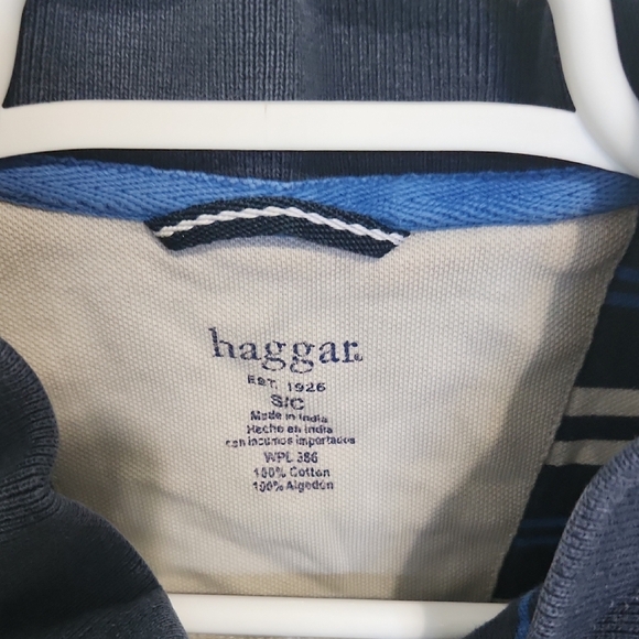 Haggar Men's Navy and White Striped Polo Shirt - Picture 2 of 2